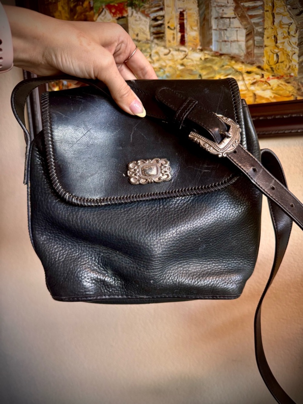 Fossil Vintage Black Leather Crossbody Shoulder Bag Purse